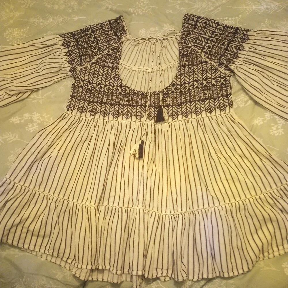 Free people Lola embroidered mini dress striped tier open back blk & wte M - Picture 11 of 11